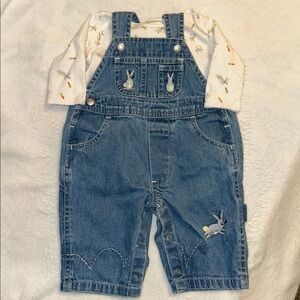 HTF VINTAGE BABY GAP BUNNY RABBIT OVERALLS SET EMBROIDERED LIKE NEW 0-3 MONTHS